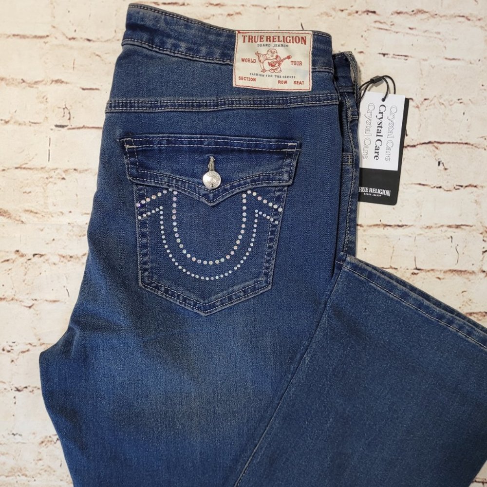 NWT True Religion Becca Dark Glacial, Crystal Flap Bootcut Jeans Size 32 - Picture 6 of 10